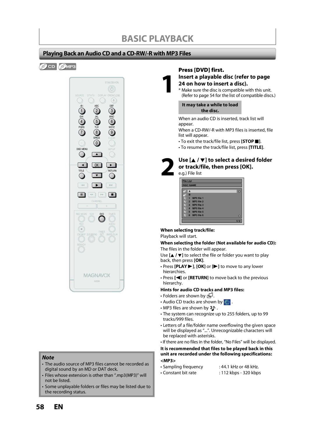 Magnavox ZV450MW8A owner manual Playing Back an Audio CD and a CD-RW/-R with MP3 Files, When selecting track/file 