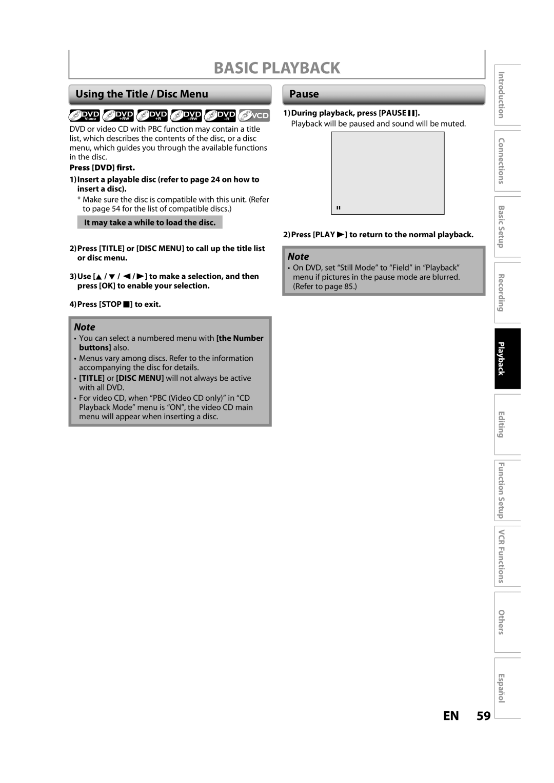 Magnavox ZV450MW8A owner manual Using the Title / Disc Menu, During playback, press Pause F 