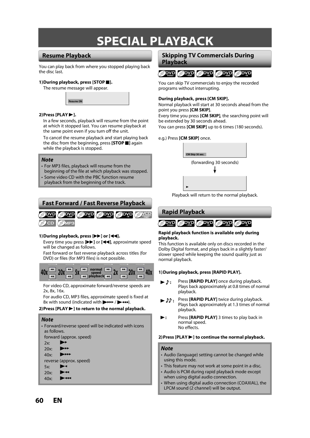 Magnavox ZV450MW8A owner manual Special Playback, Resume Playback, Fast Forward / Fast Reverse Playback, Rapid Playback 