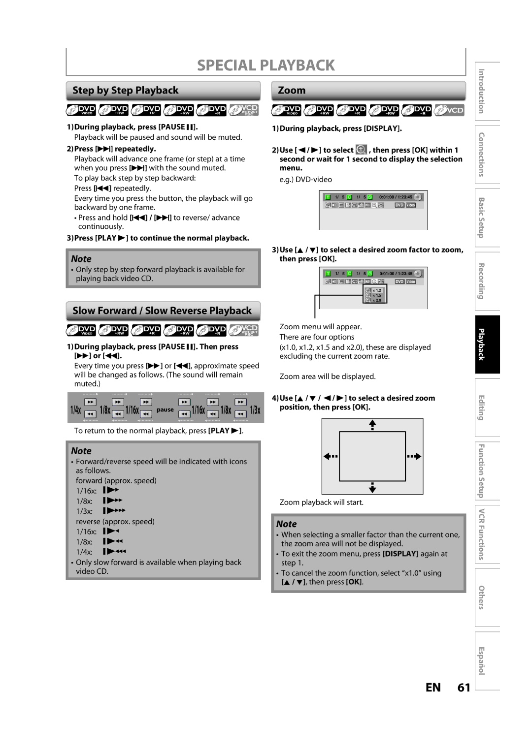 Magnavox ZV450MW8A owner manual Special Playback, Step by Step Playback, Slow Forward / Slow Reverse Playback, Zoom 