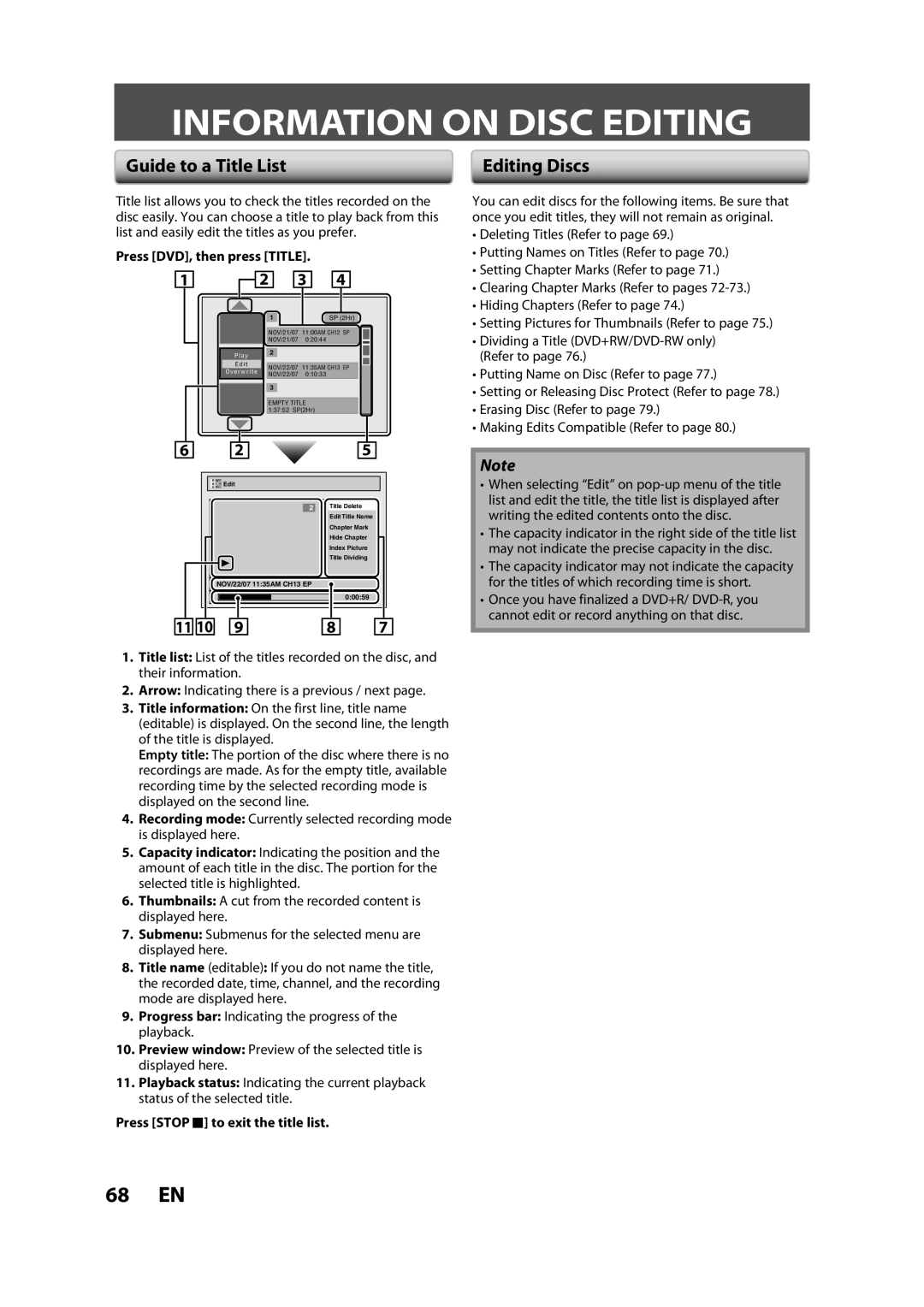 Magnavox ZV450MW8A Information on Disc Editing, Guide to a Title List, Editing Discs, Press DVD, then press Title 