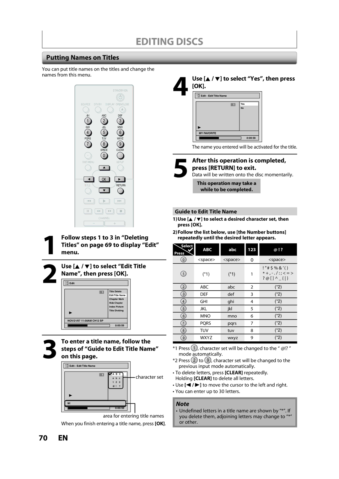 Magnavox ZV450MW8A Editing Discs, Putting Names on Titles, Use K / L to select Edit Title, Guide to Edit Title Name 