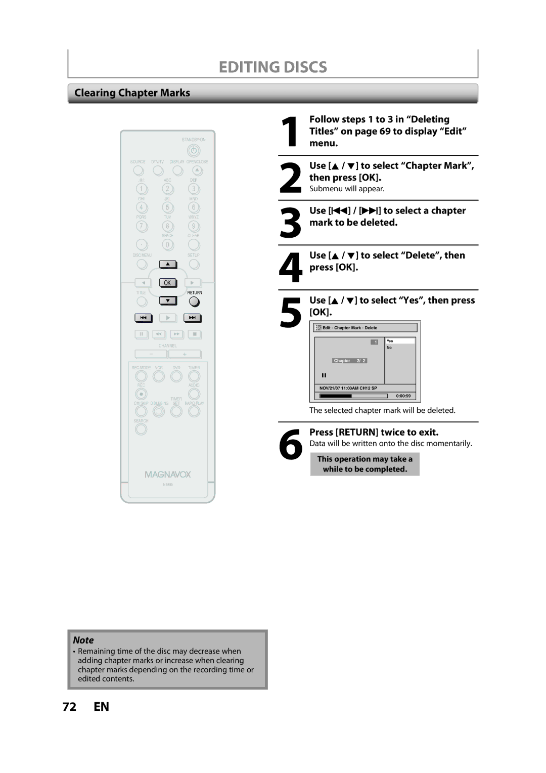 Magnavox ZV450MW8A owner manual Clearing Chapter Marks, Selected chapter mark will be deleted 