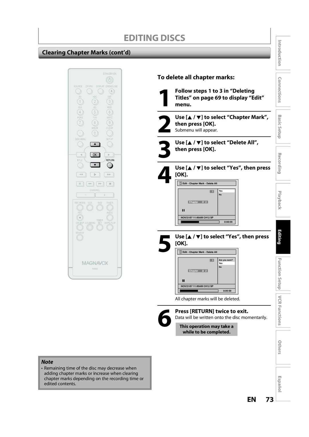 Magnavox ZV450MW8A owner manual Clearing Chapter Marks cont’d, To delete all chapter marks, Follow steps 1 to 3 in Deleting 