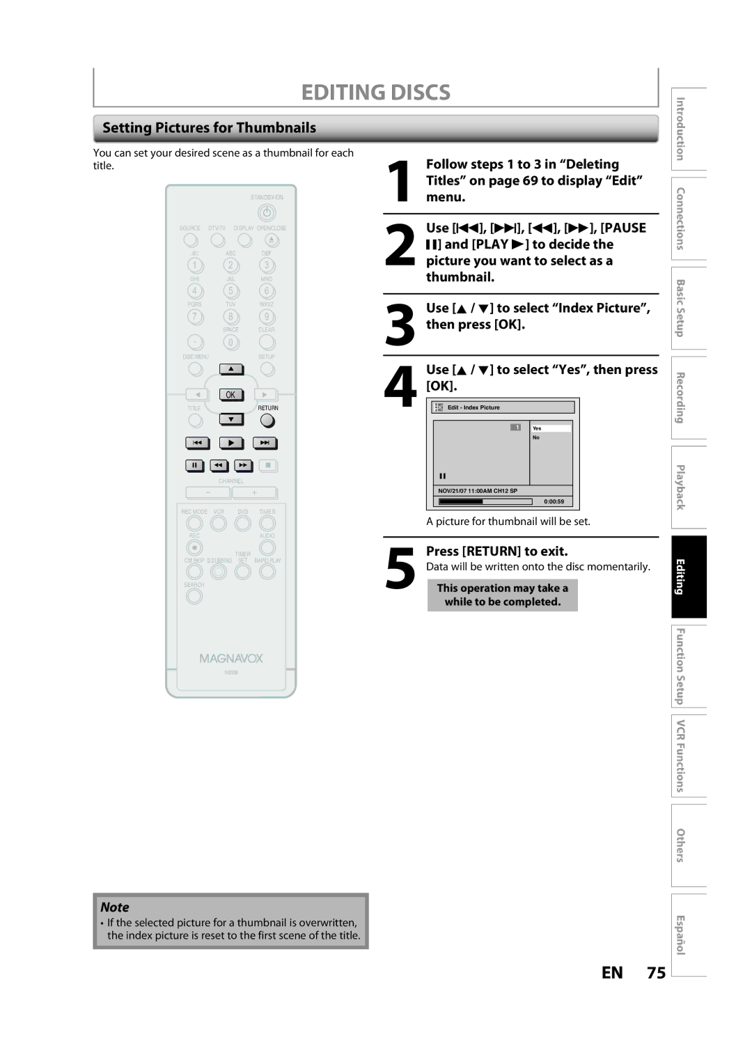 Magnavox ZV450MW8A owner manual Setting Pictures for Thumbnails, Press Return to exit, Picture for thumbnail will be set 