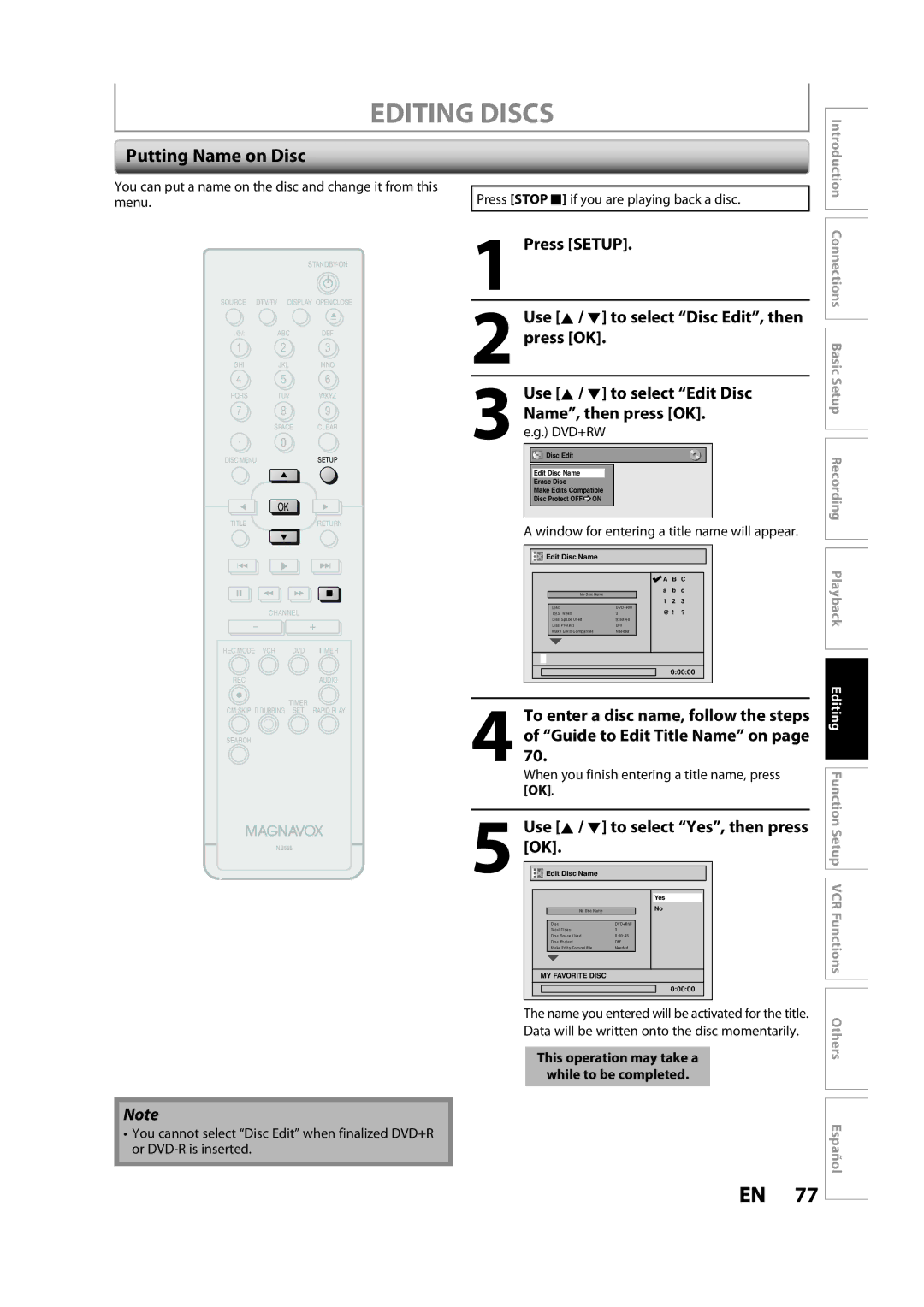 Magnavox ZV450MW8A owner manual Putting Name on Disc 