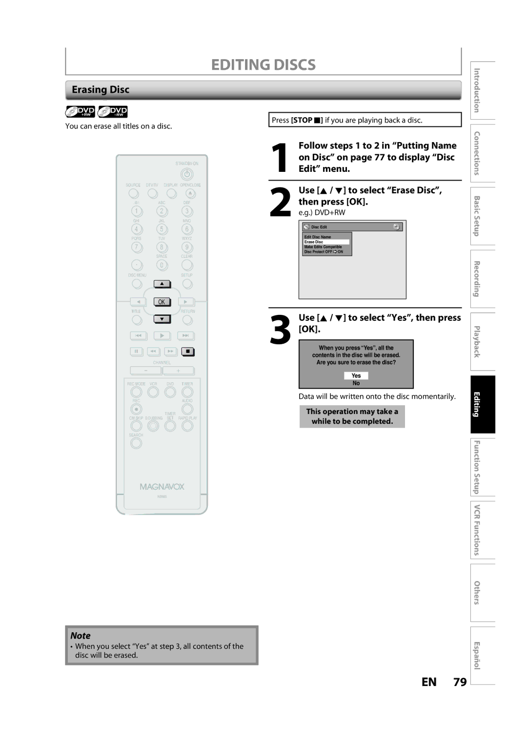 Magnavox ZV450MW8A owner manual Erasing Disc, You can erase all titles on a disc 