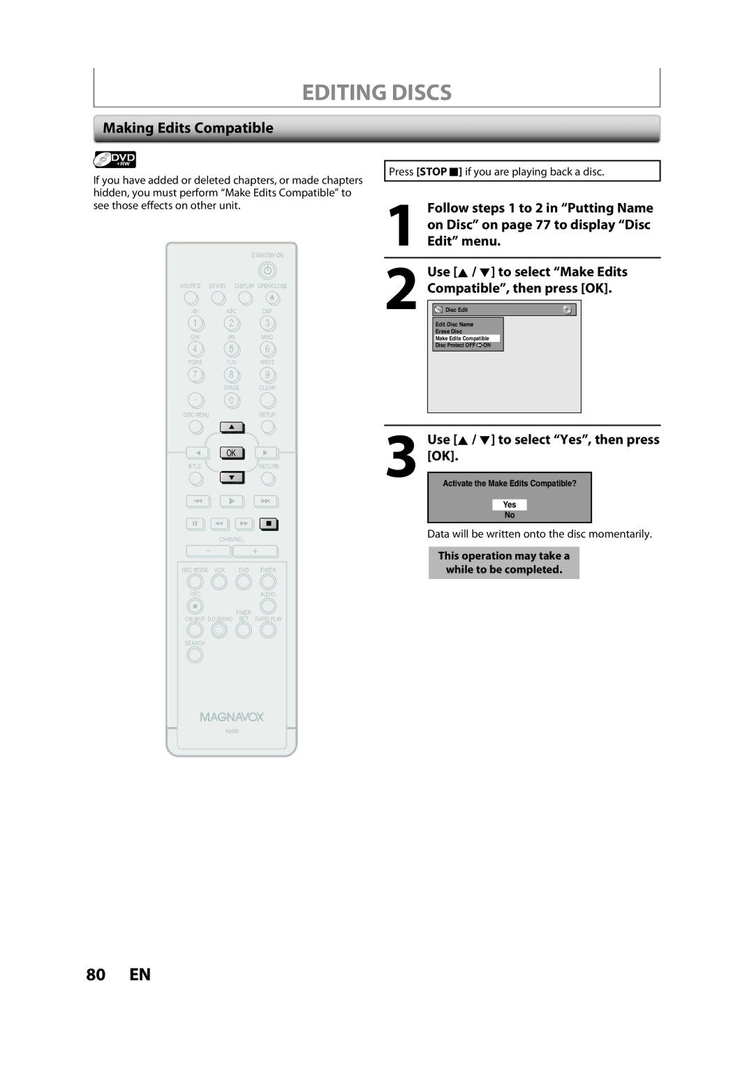 Magnavox ZV450MW8A owner manual Making Edits Compatible, Compatible, then press OK 