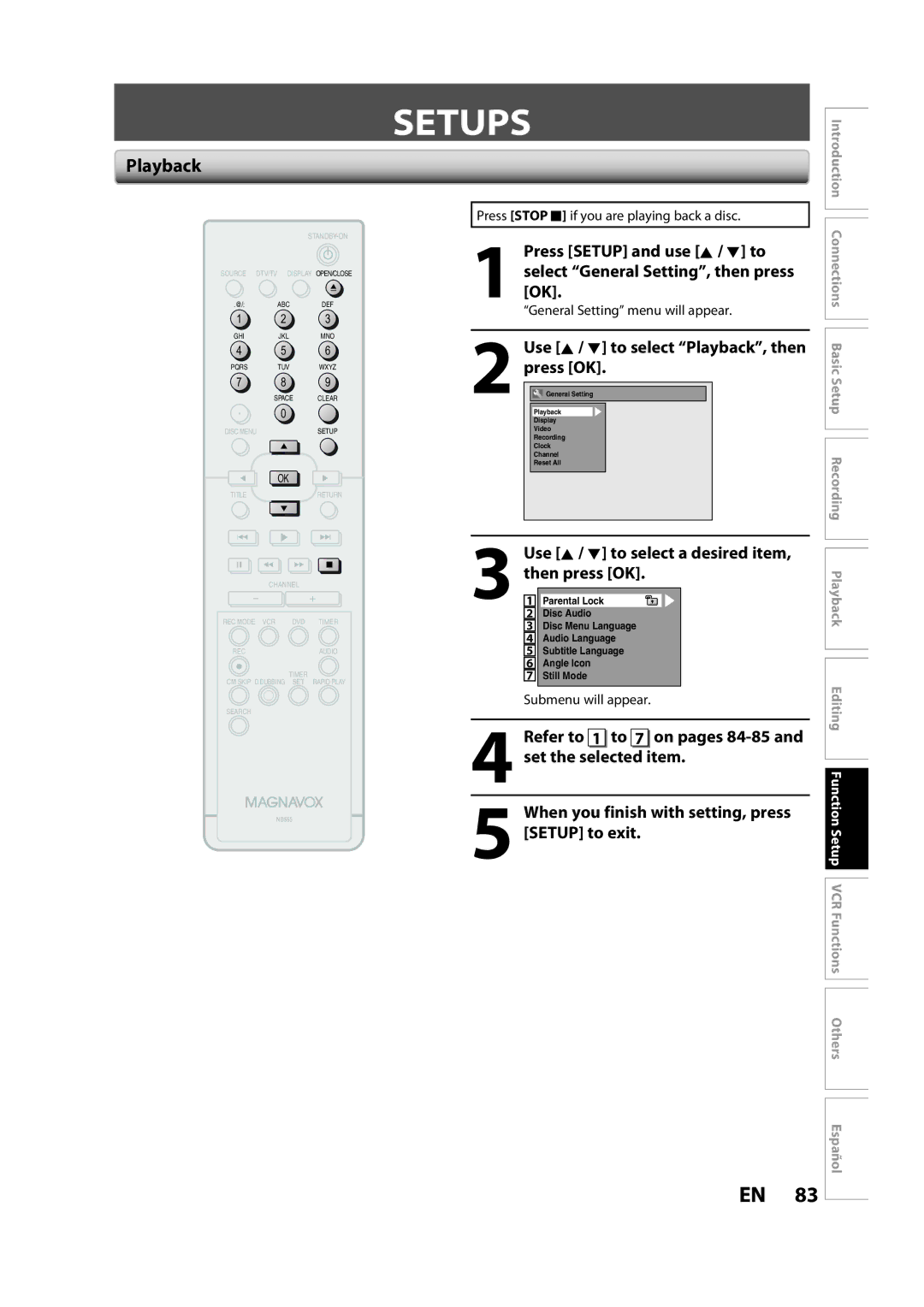 Magnavox ZV450MW8A owner manual Setups, Playback 