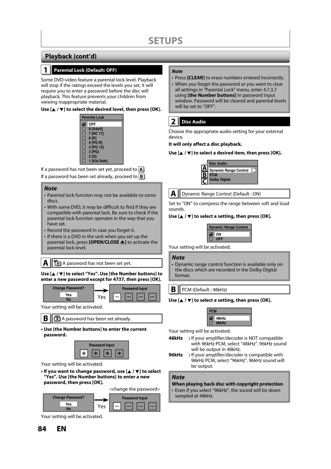 Magnavox ZV450MW8A owner manual Setups, Playback cont’d, Yes, Parental Lock Default OFF, Disc Audio 