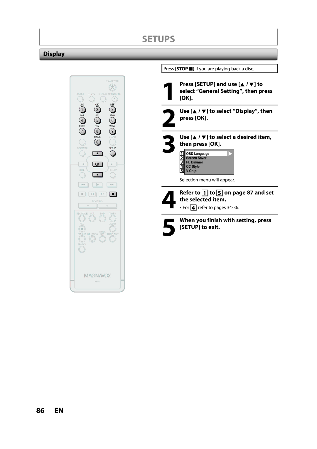 Magnavox ZV450MW8A owner manual Display, Refer to 1 to 5 on page 87 and set the selected item, For 4 refer to pages 