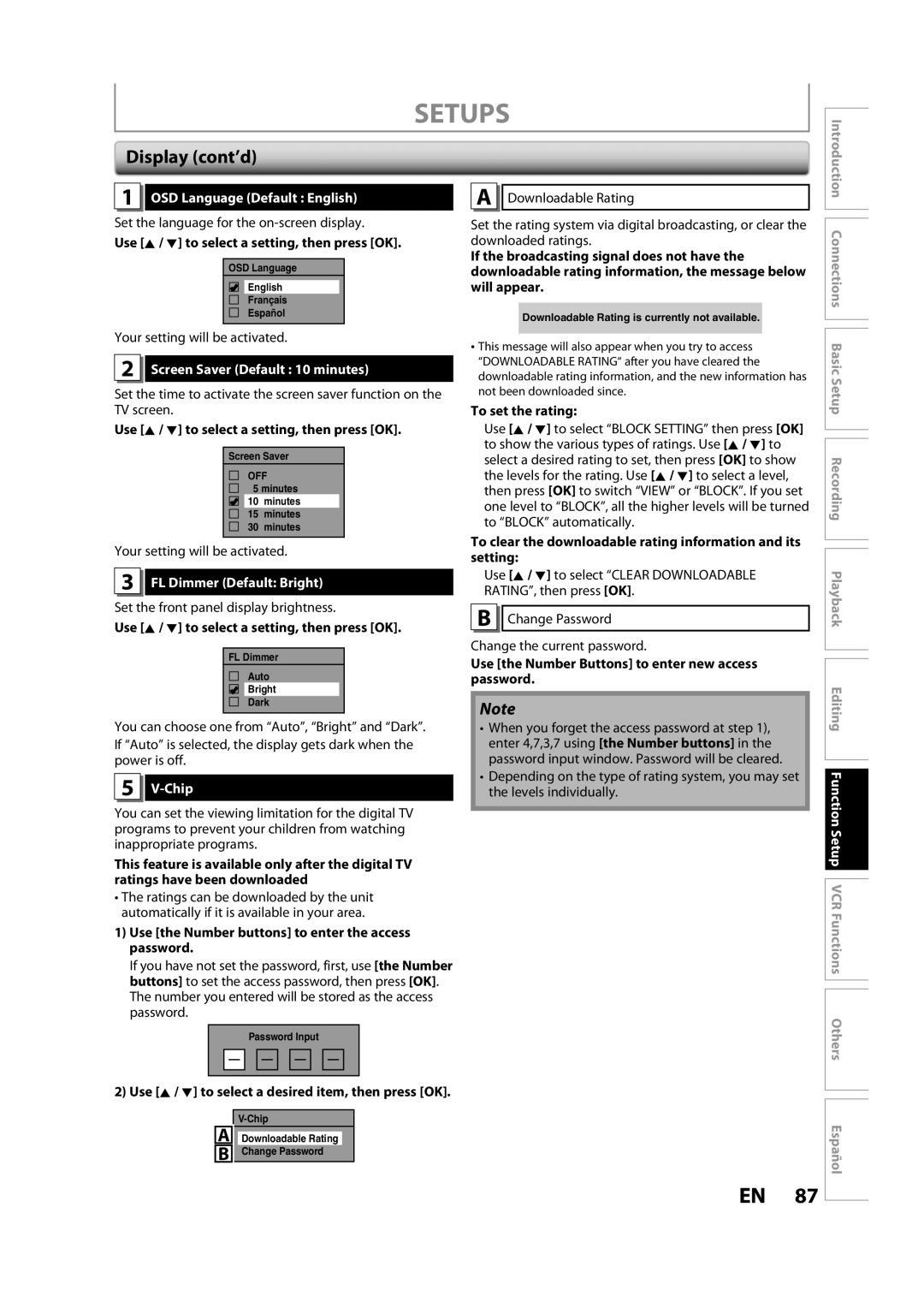 Magnavox ZV450MW8A Display cont’d, OSD Language Default English, Screen Saver Default 10 minutes, FL Dimmer Default Bright 