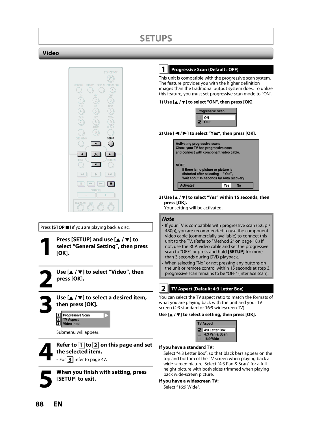 Magnavox ZV450MW8A owner manual Video, Refer to 1 to 2 on this page and set, Progressive Scan Default OFF 