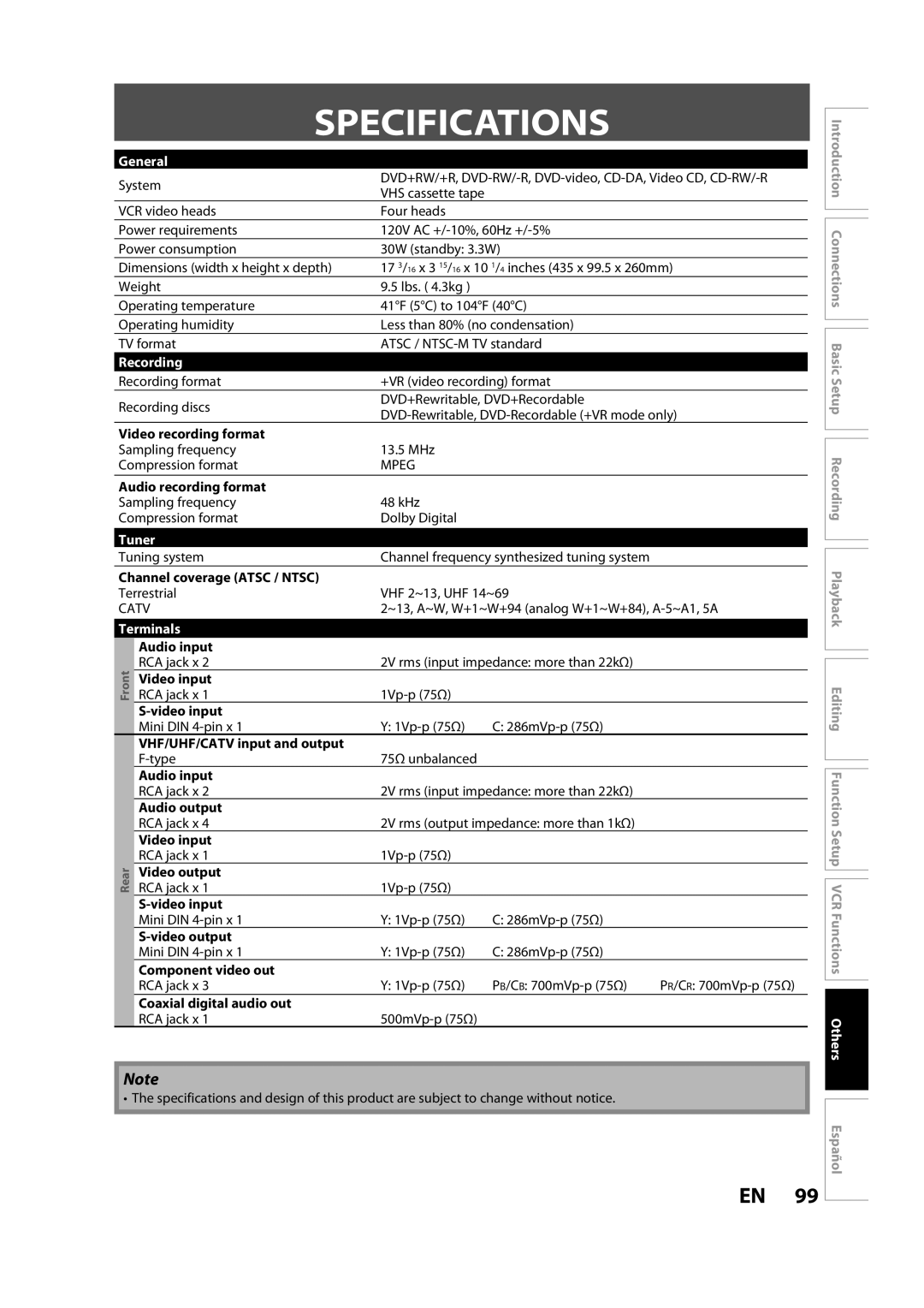 Magnavox ZV450MW8A owner manual Specifications, General, Recording, Tuner, Terminals 