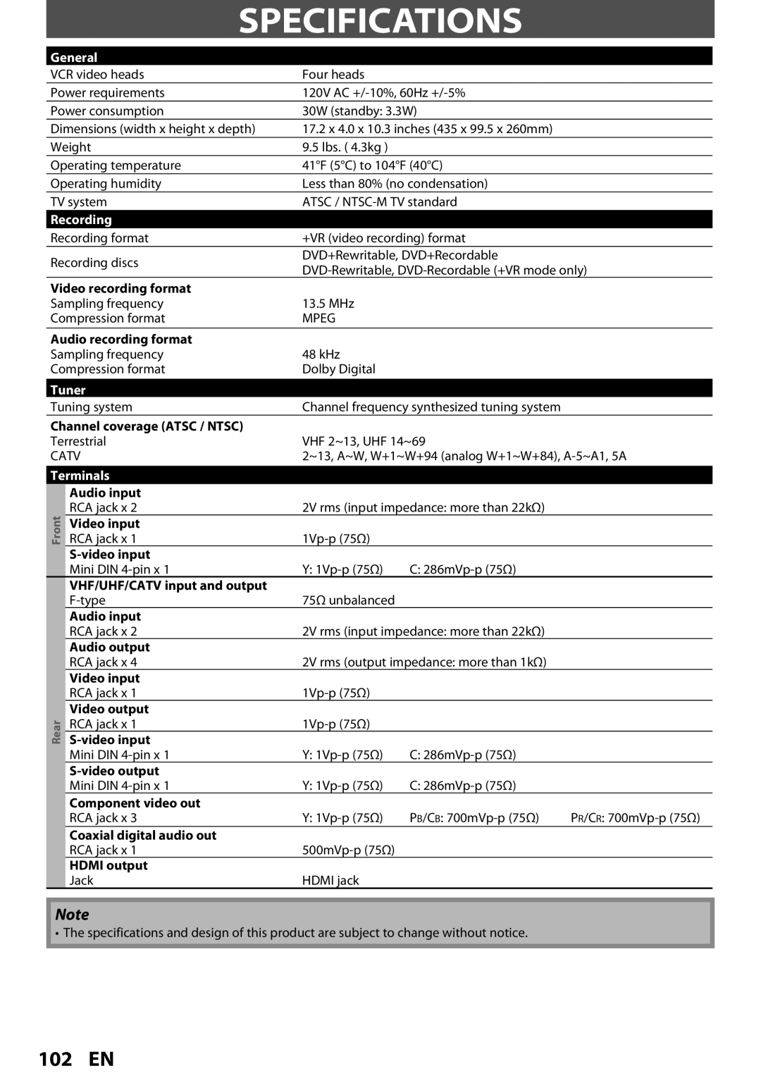 Magnavox ZV457MG9 owner manual Specifications, General, Recording, Tuner, Terminals 