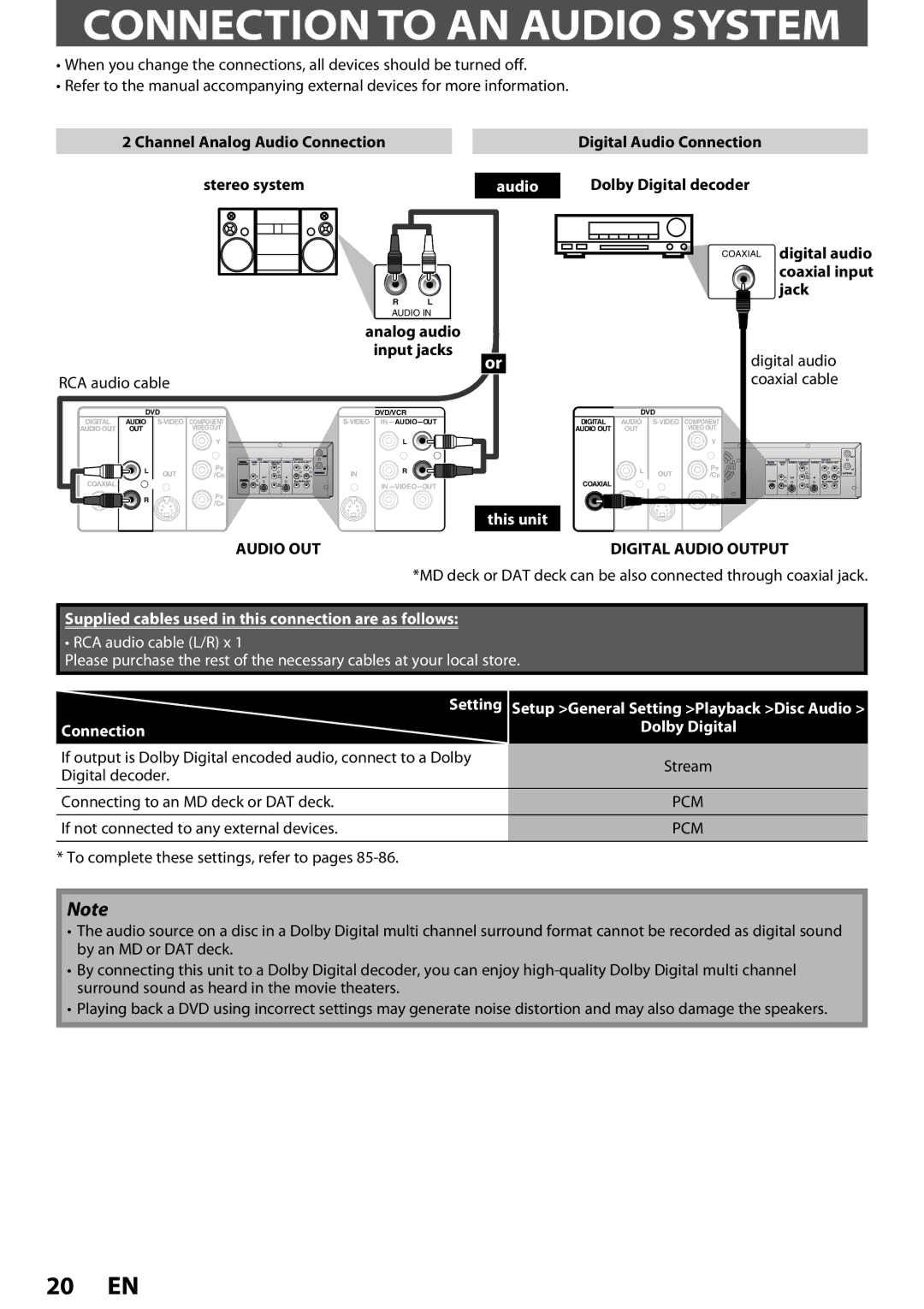 Magnavox ZV457MG9 owner manual Connection to AN Audio System, Setting, Connection Dolby Digital 