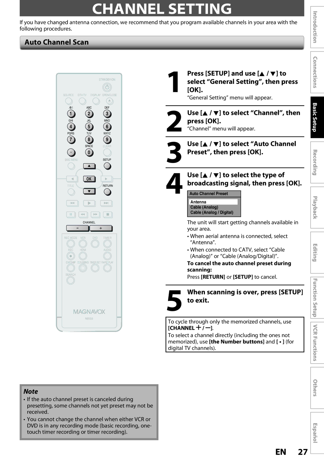 Magnavox ZV457MG9 owner manual Channel Setting, Auto Channel Scan, When scanning is over, press Setup to exit, Scanning 