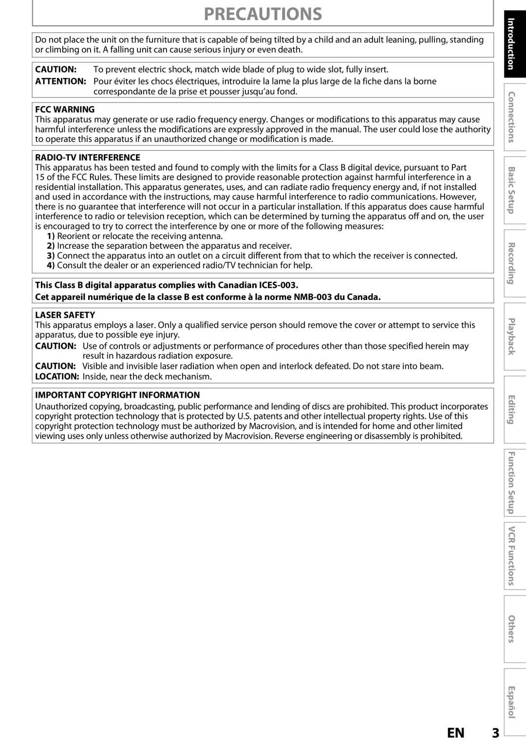 Magnavox ZV457MG9 owner manual Precautions, FCC Warning 