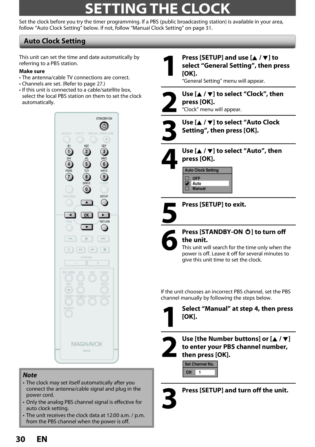 Magnavox ZV457MG9 Setting the Clock, Auto Clock Setting, Press Setup to exit Press STANDBY-ON y to turn off the unit 