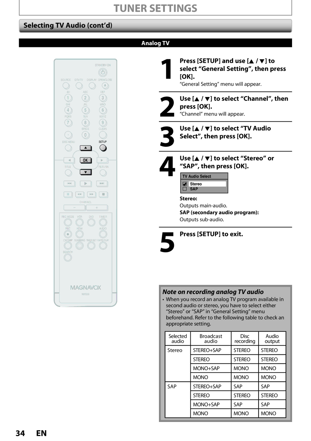 Magnavox ZV457MG9 owner manual Selecting TV Audio cont’d, Stereo, SAP secondary audio program 