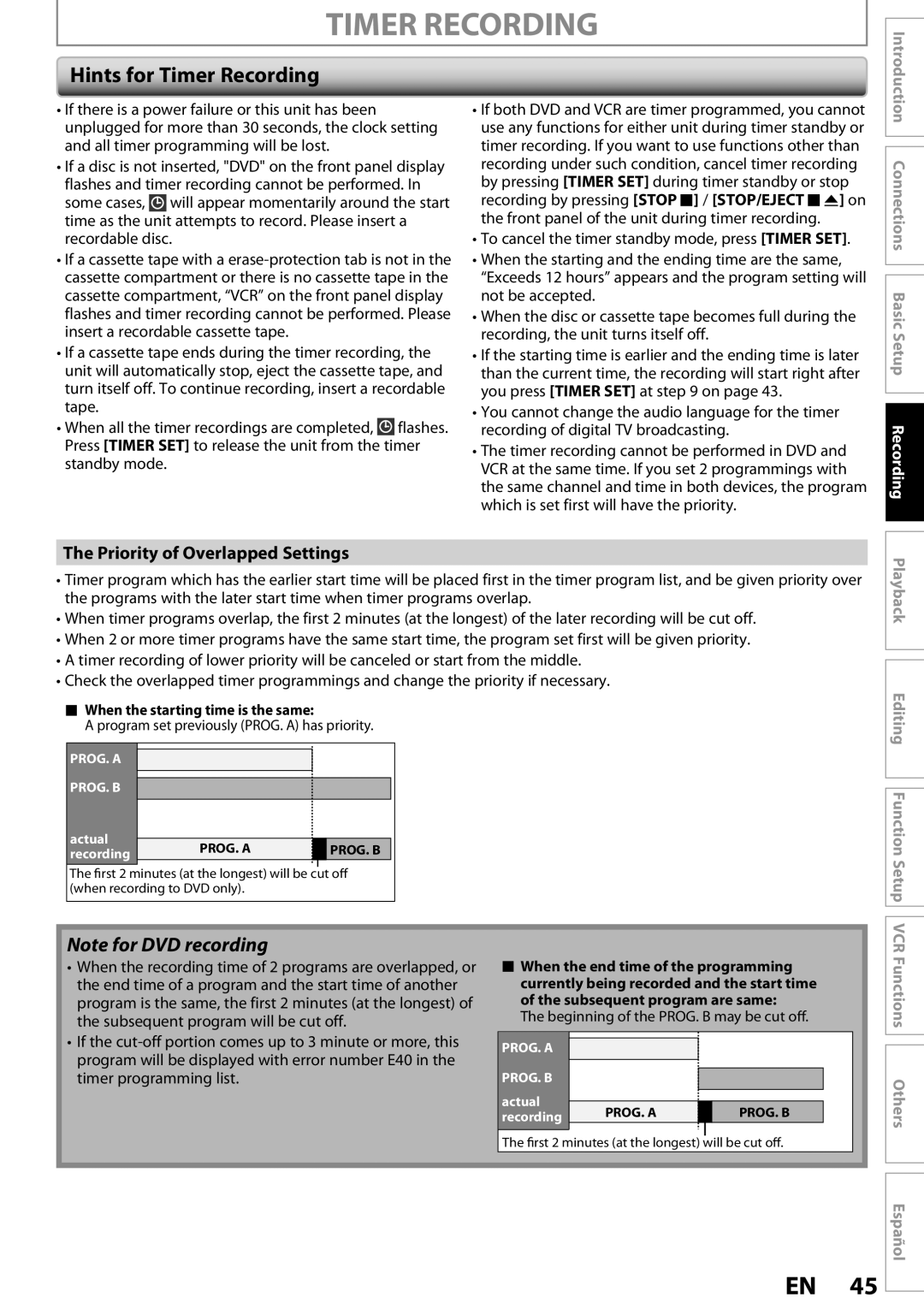 Magnavox ZV457MG9 owner manual Hints for Timer Recording, Priority of Overlapped Settings 