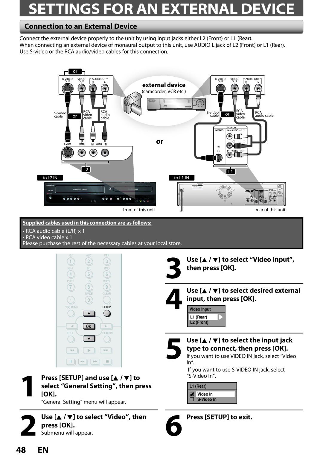 Magnavox ZV457MG9 owner manual Settings for AN External Device, Connection to an External Device 