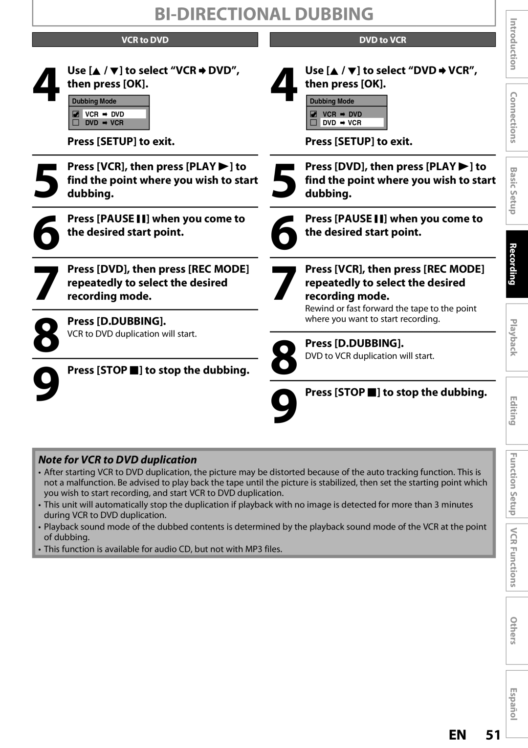 Magnavox ZV457MG9 BI-DIRECTIONAL Dubbing, Use K / L to select VCR DVD, then press OK, Press Stop C to stop the dubbing 