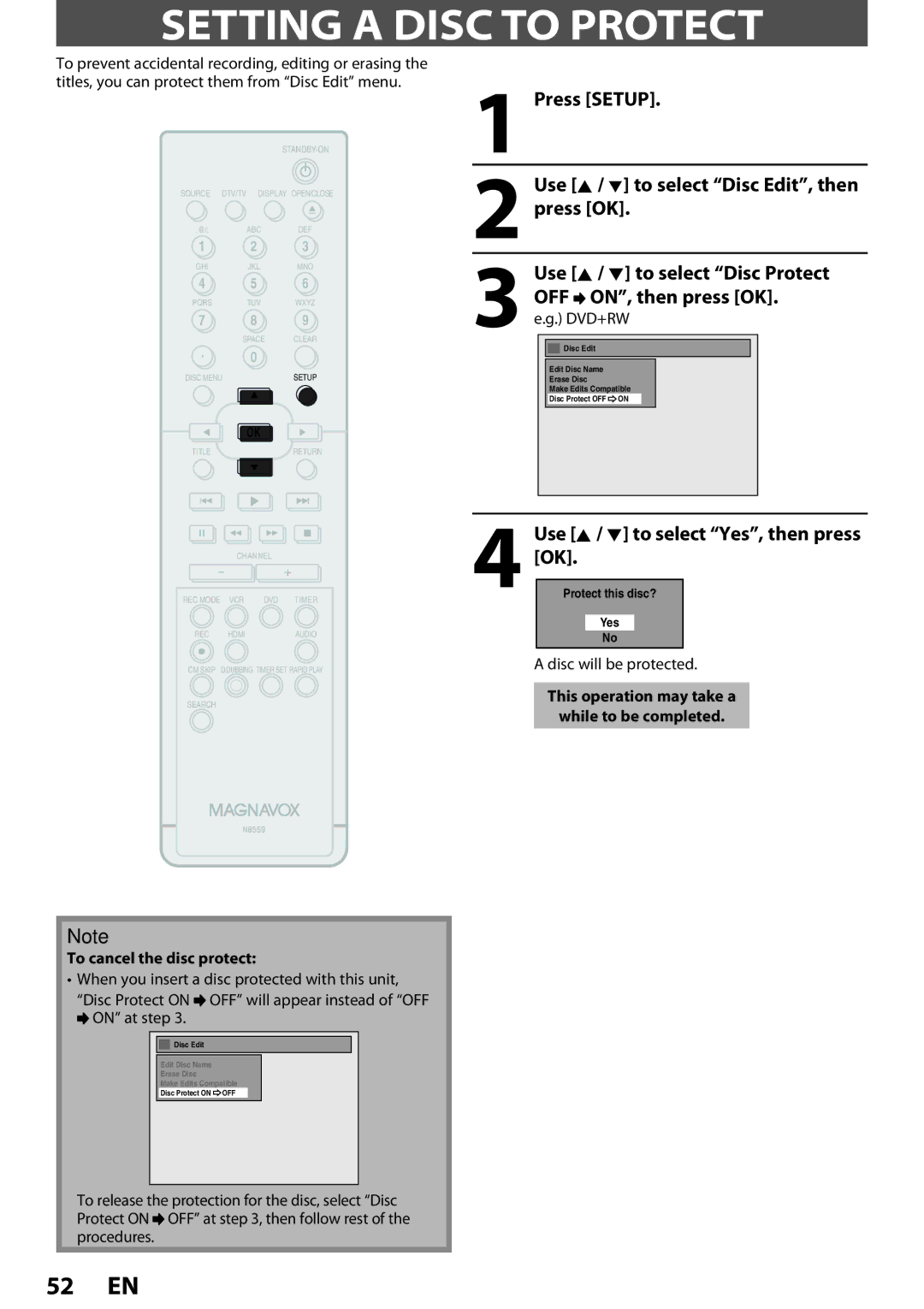 Magnavox ZV457MG9 Setting a Disc to Protect, Use K / L to select Yes, then press OK, OFF ON, then press OK. e.g. DVD+RW 