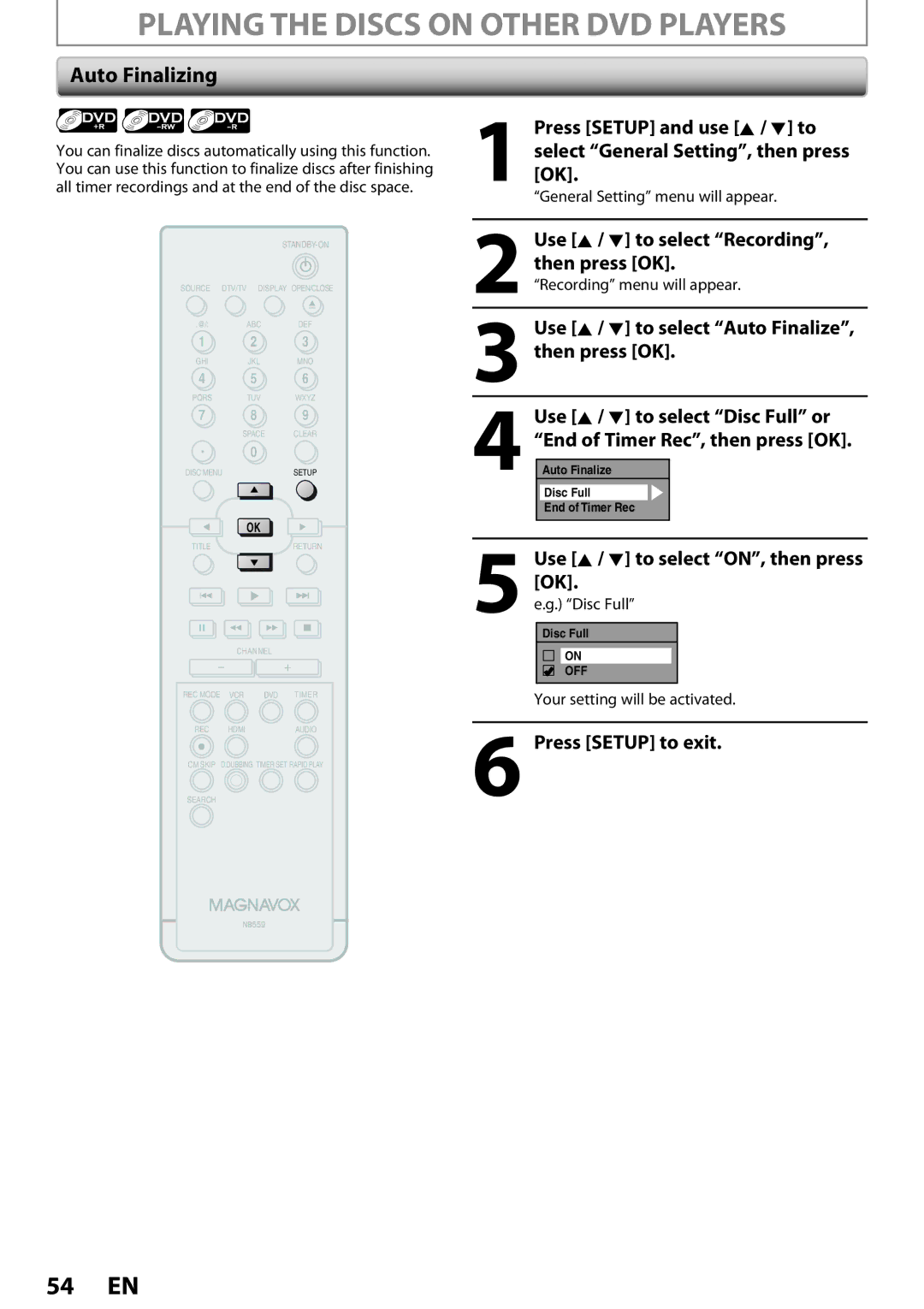 Magnavox ZV457MG9 owner manual Playing the Discs on Other DVD Players, Auto Finalizing 