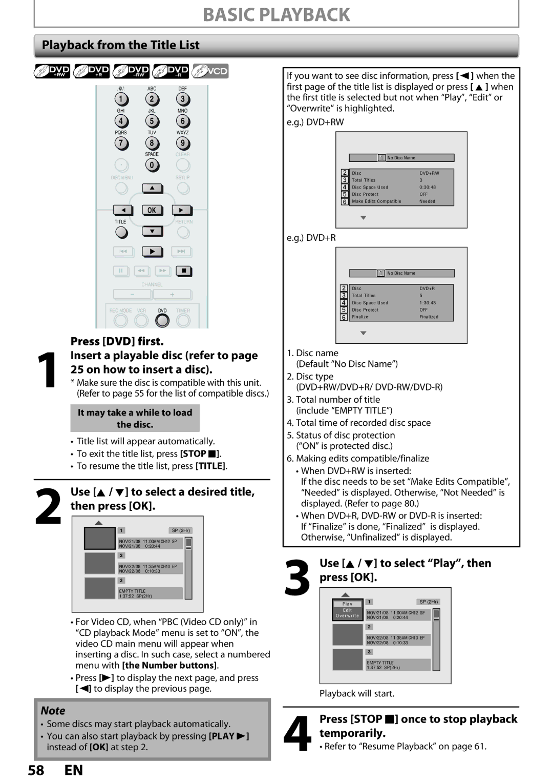 Magnavox ZV457MG9 owner manual Basic Playback, Playback from the Title List, Use K / L to select a desired title, Press OK 