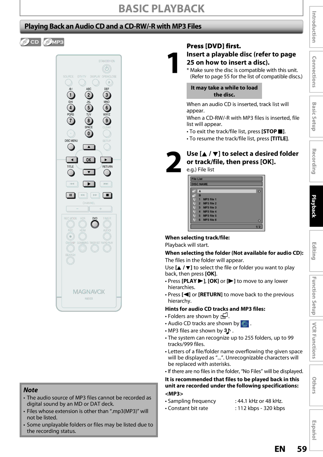 Magnavox ZV457MG9 Playing Back an Audio CD and a CD-RW/-R with MP3 Files, When selecting track/file, Playback will start 