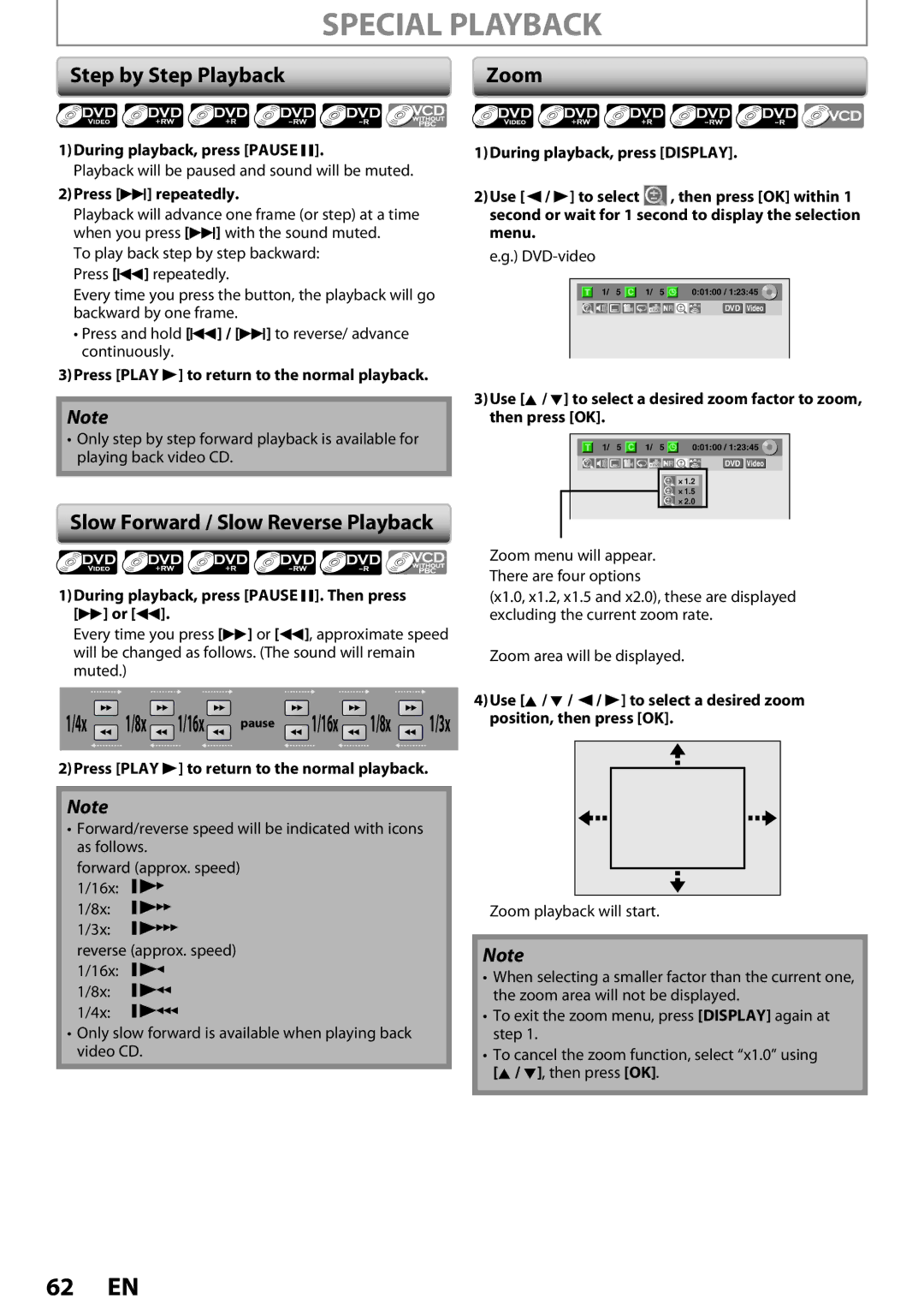 Magnavox ZV457MG9 owner manual Special Playback, Step by Step Playback, Slow Forward / Slow Reverse Playback, Zoom, 16x 