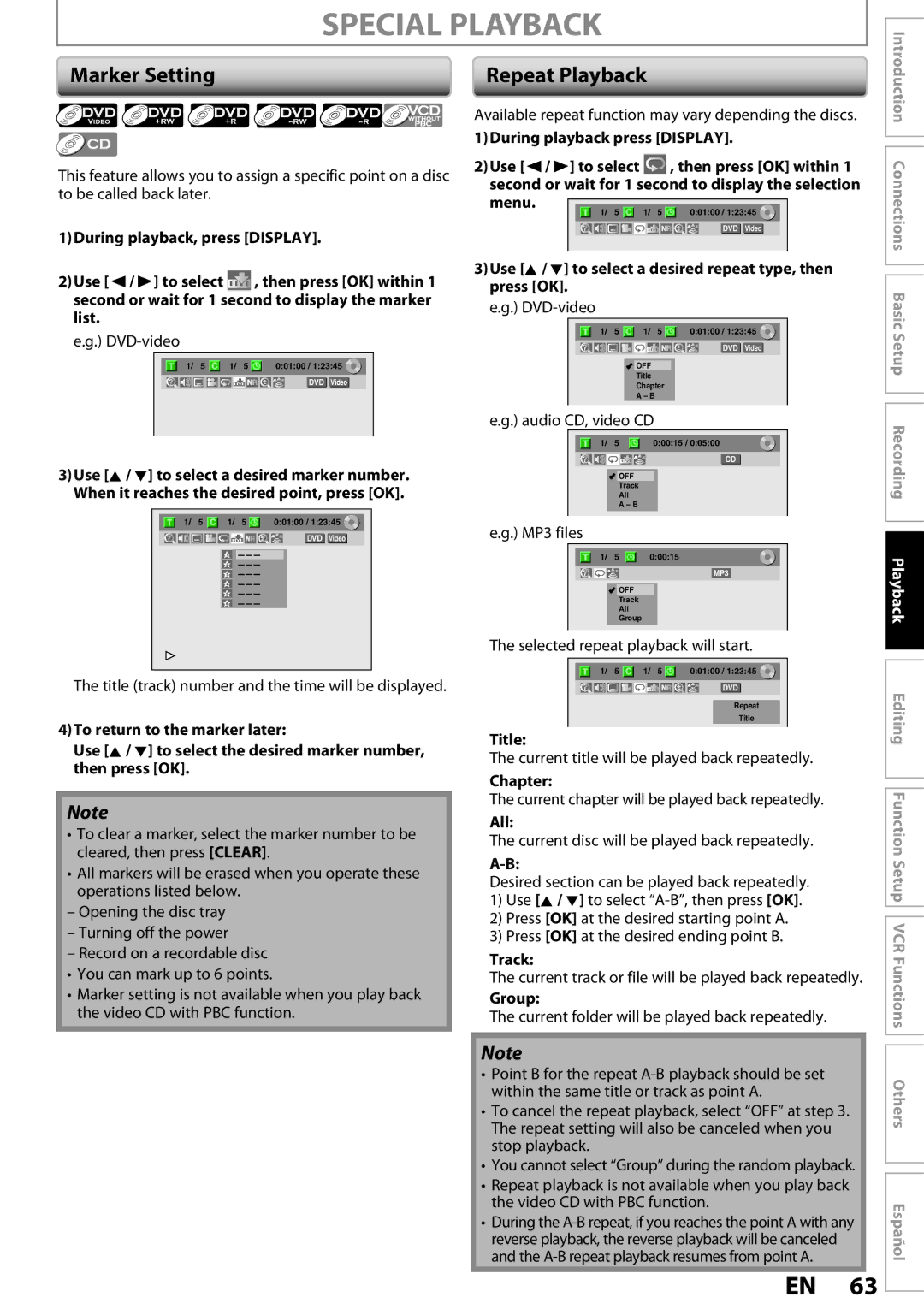 Magnavox ZV457MG9 owner manual Marker Setting Repeat Playback 