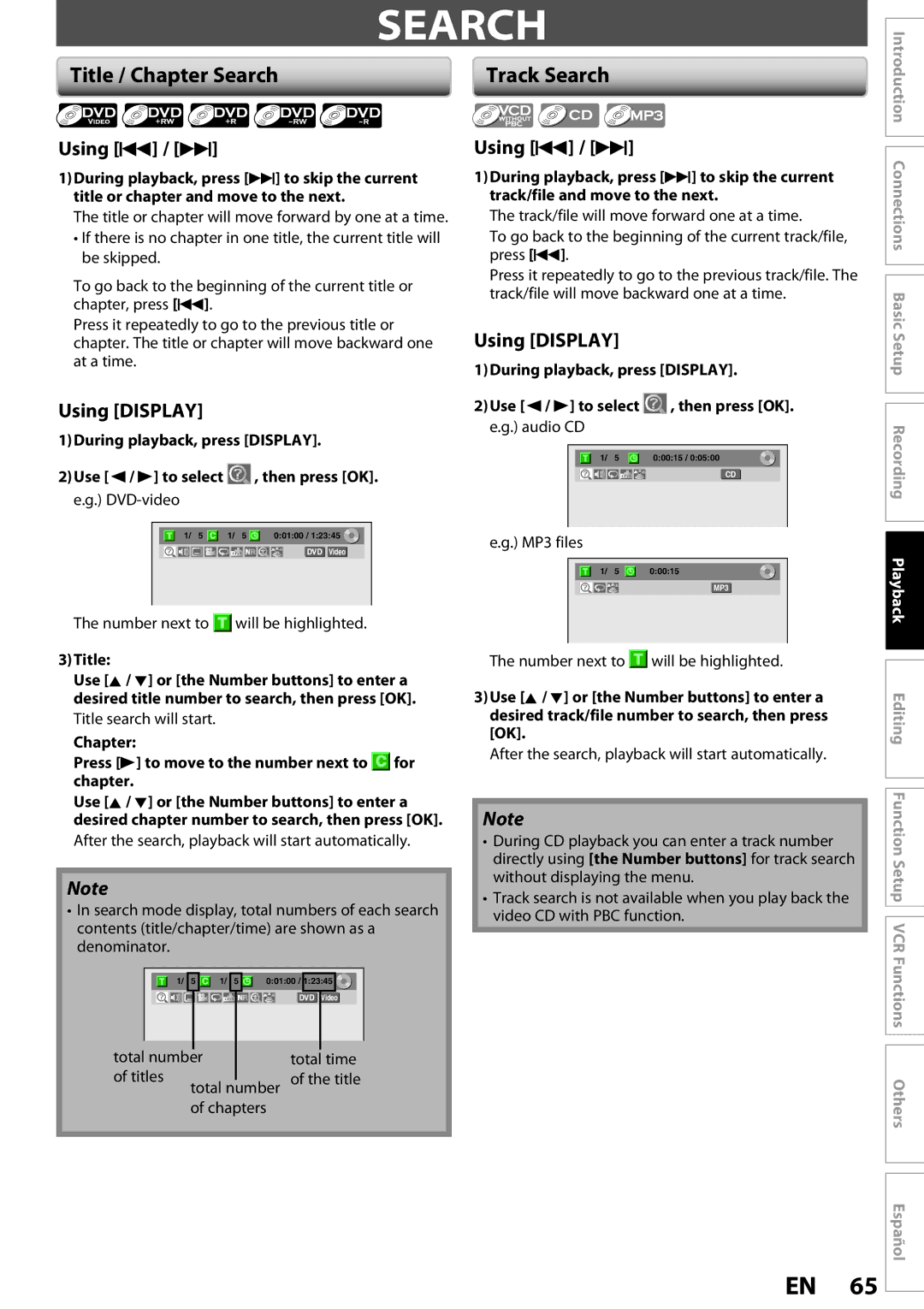 Magnavox ZV457MG9 owner manual Title / Chapter Search, Using H / G, Using Display 