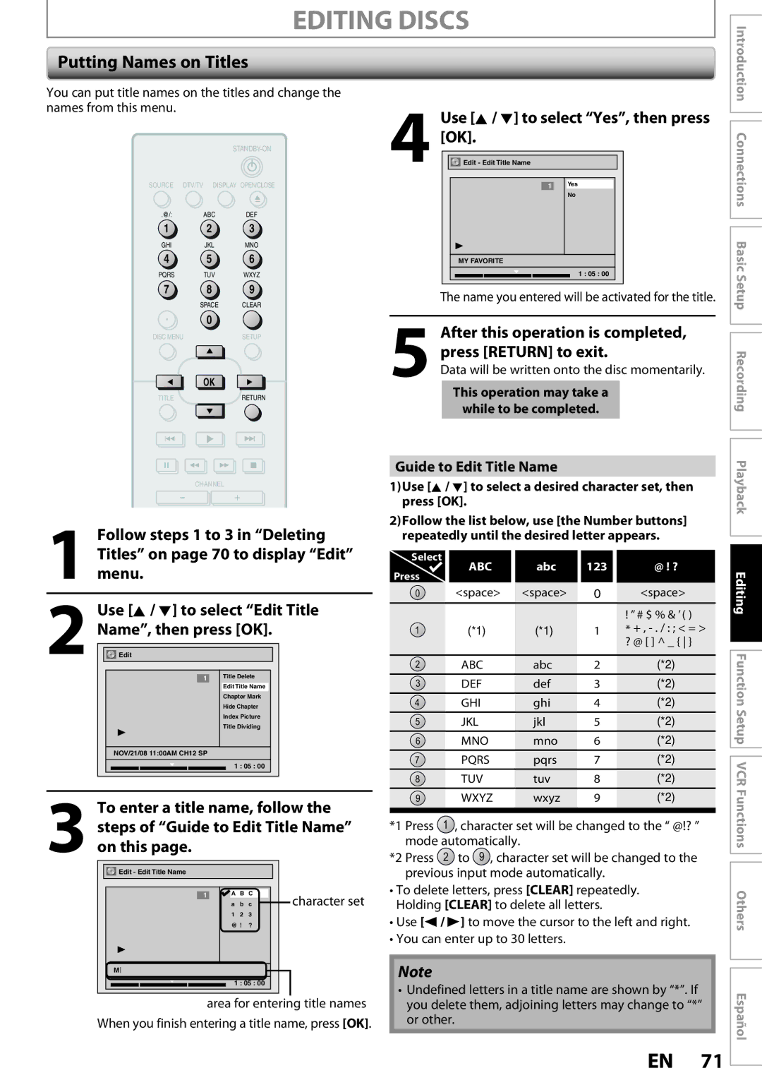 Magnavox ZV457MG9 Editing Discs, Putting Names on Titles, Use K / L to select Edit Title, Guide to Edit Title Name 