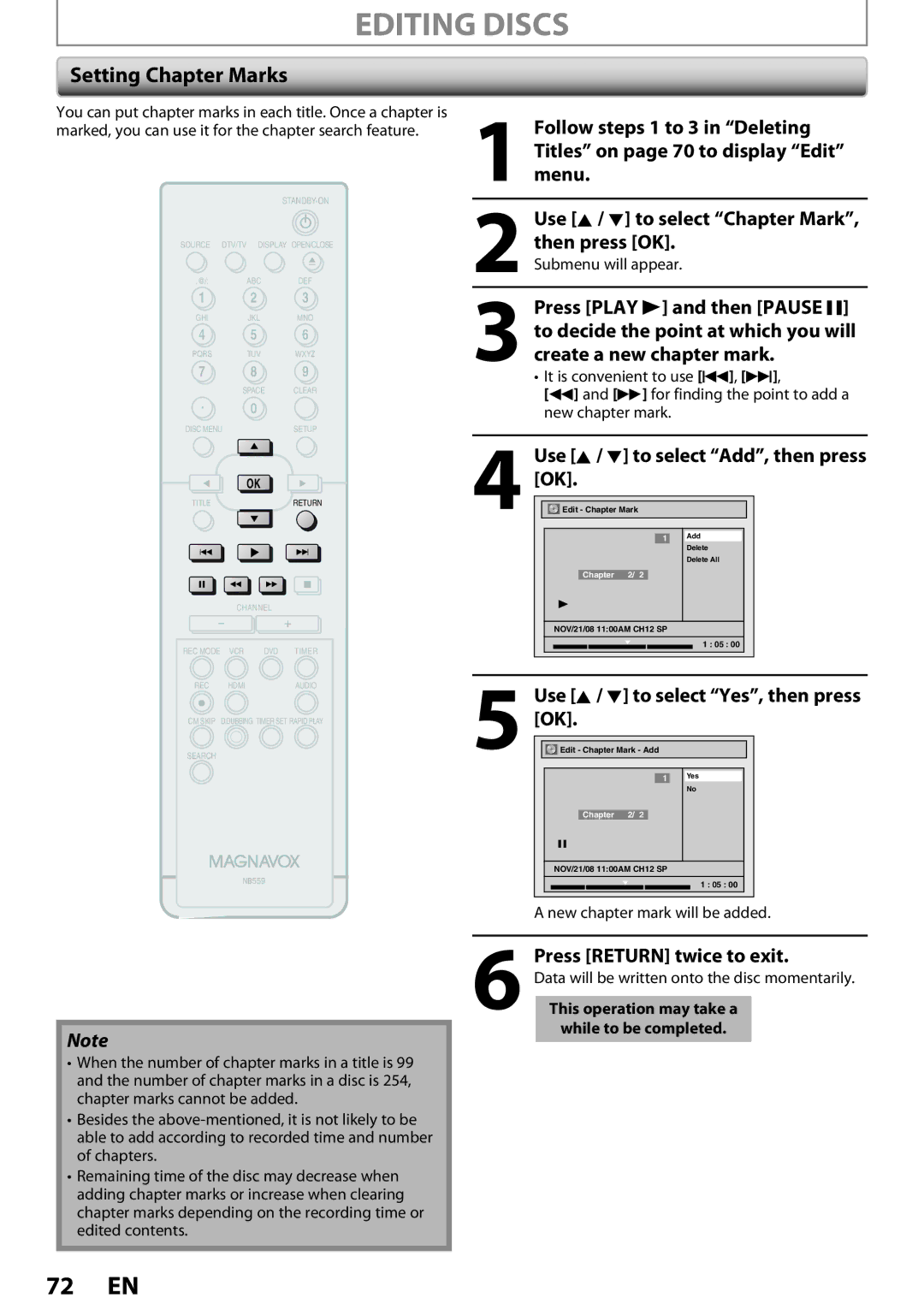 Magnavox ZV457MG9 owner manual Setting Chapter Marks, Use K / L to select Add, then press OK, Press Return twice to exit 