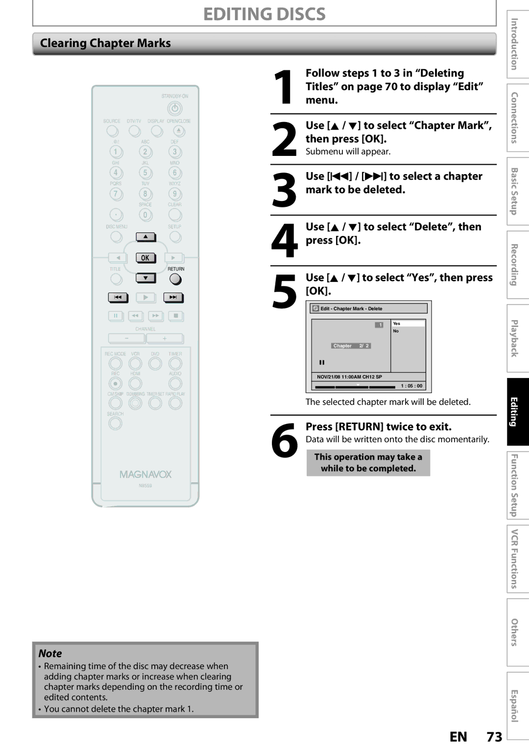 Magnavox ZV457MG9 owner manual Clearing Chapter Marks, Edit Chapter Mark Delete 