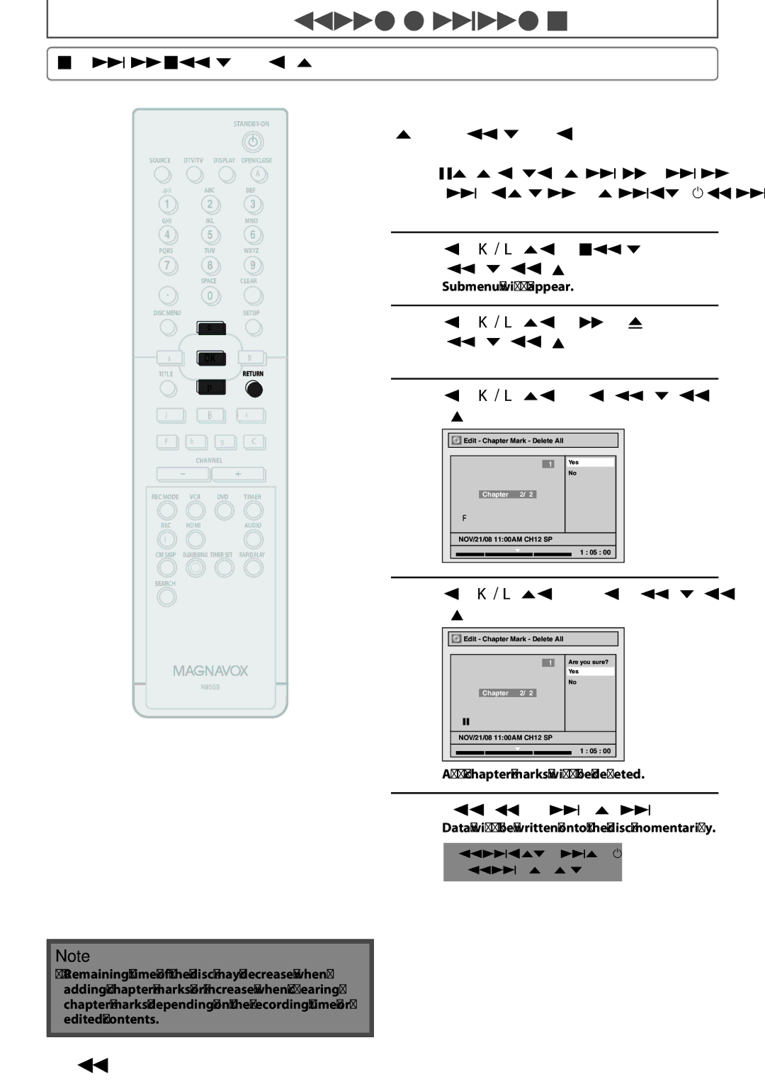 Magnavox ZV457MG9 Clearing Chapter Marks cont’d, To delete all chapter marks, All chapter marks will be deleted 