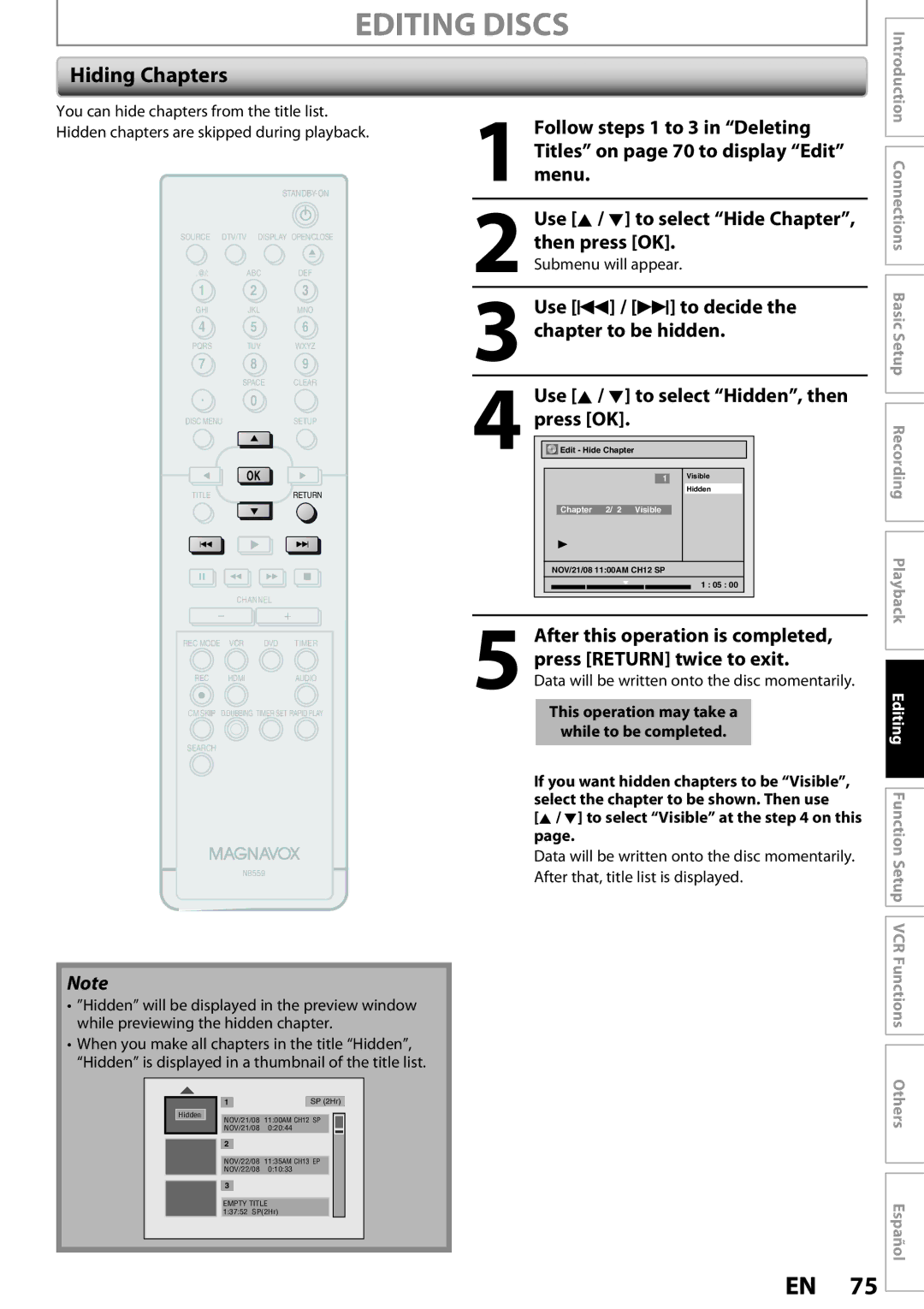 Magnavox ZV457MG9 owner manual Hiding Chapters 