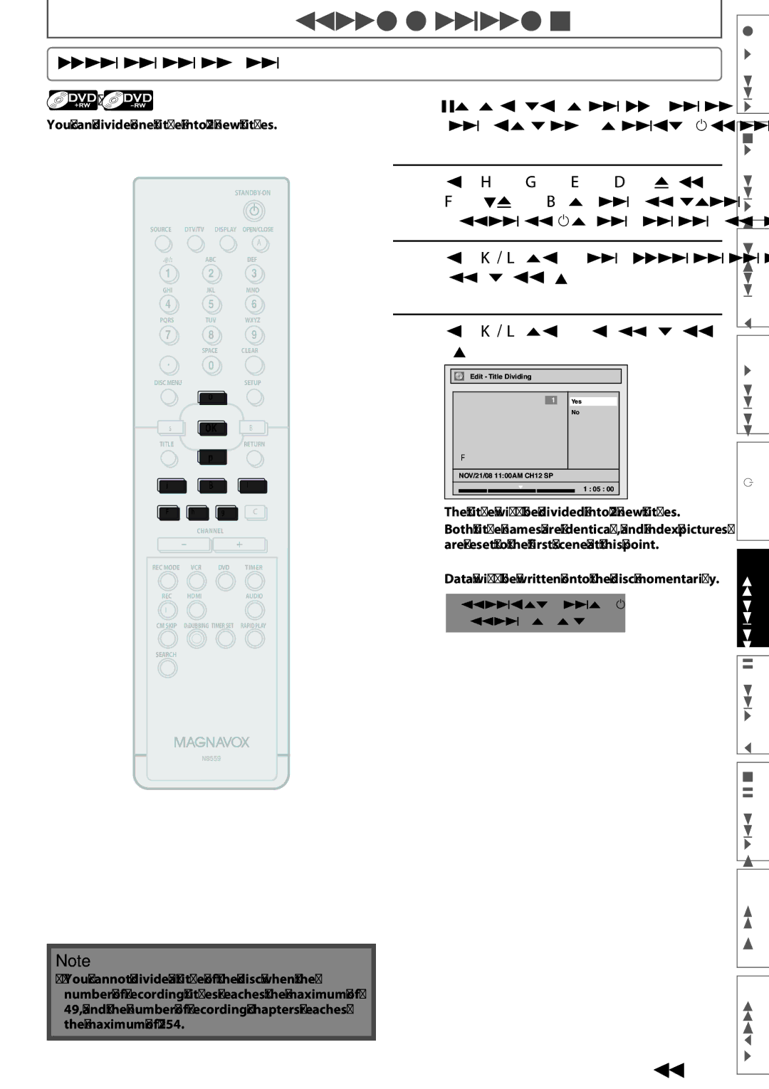 Magnavox ZV457MG9 owner manual Dividing a Title, Use K / L to select Yes, then press 