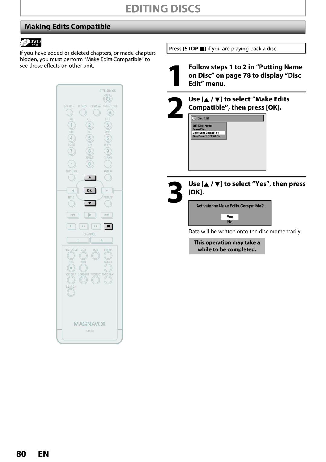 Magnavox ZV457MG9 owner manual Making Edits Compatible, Compatible, then press OK 