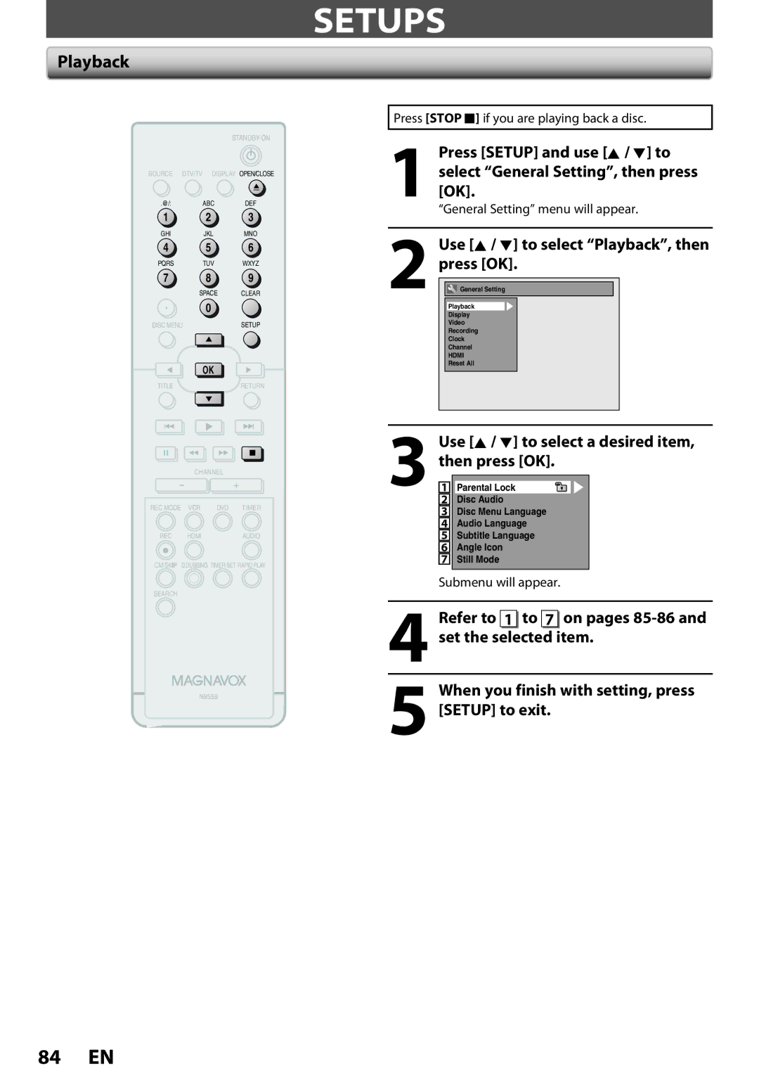 Magnavox ZV457MG9 owner manual Setups, Use K / L to select Playback, then press OK 