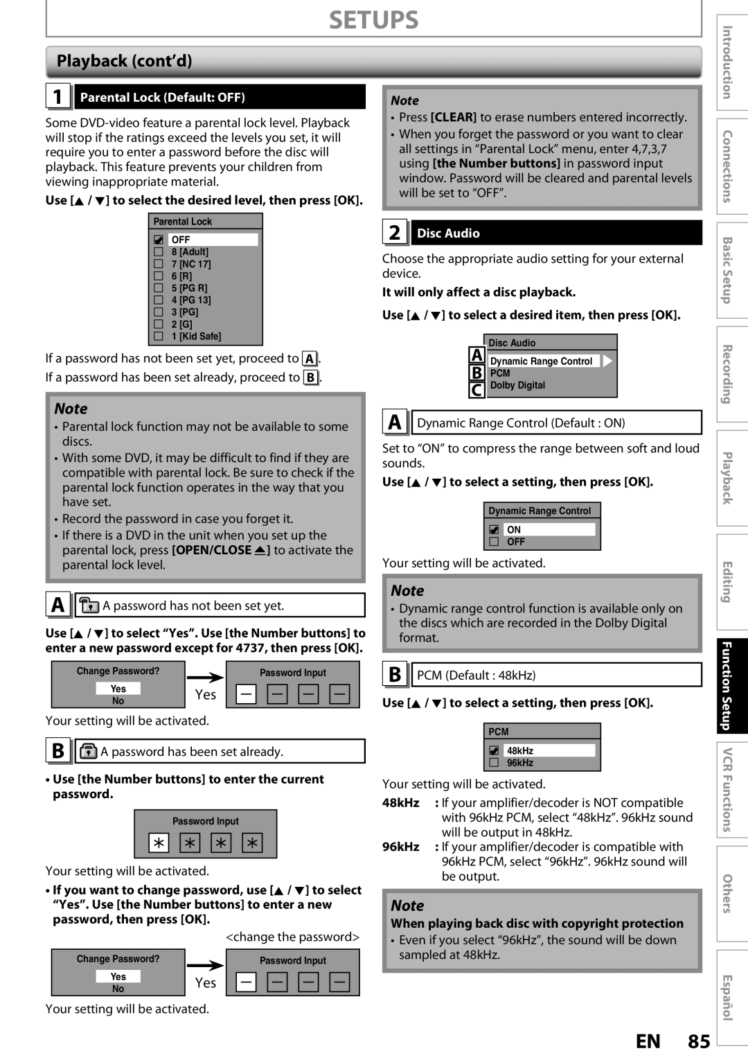 Magnavox ZV457MG9 owner manual Setups, Playback cont’d, Yes, Parental Lock Default OFF, Disc Audio 