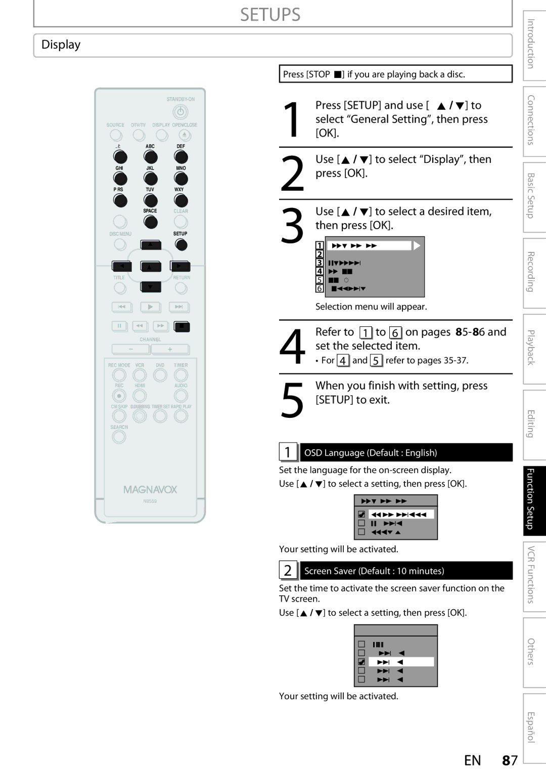 Magnavox ZV457MG9 owner manual Display, Use K / L to select a desired item, On pages 85-86, Set Selected item, Refer to 