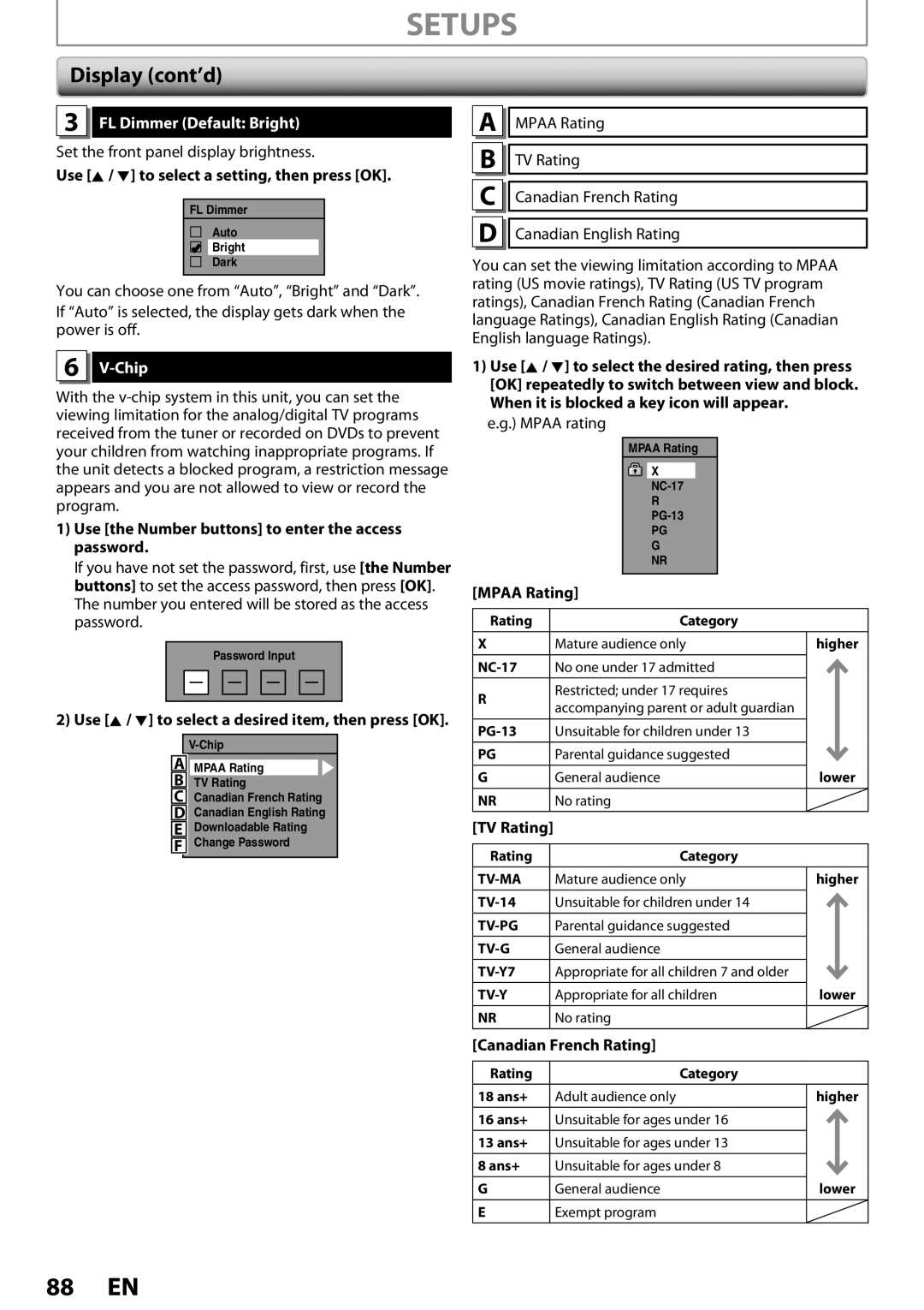 Magnavox ZV457MG9 owner manual Display cont’d, FL Dimmer Default Bright, Chip 