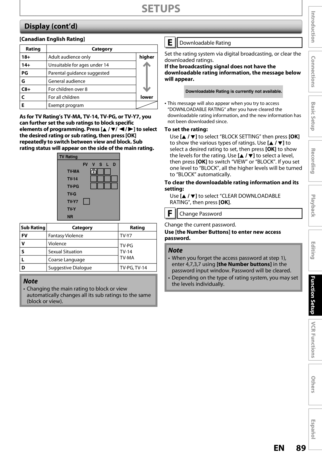 Magnavox ZV457MG9 owner manual Canadian English Rating, To set the rating, Change Password Change the current password 