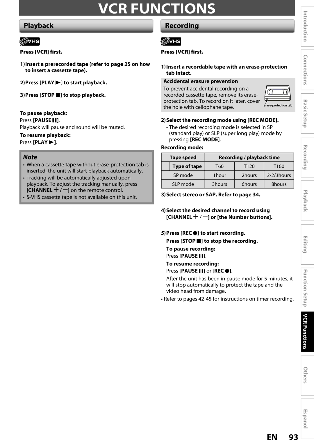 Magnavox ZV457MG9 owner manual VCR Functions, To resume playback, Select the recording mode using REC Mode, Recording mode 