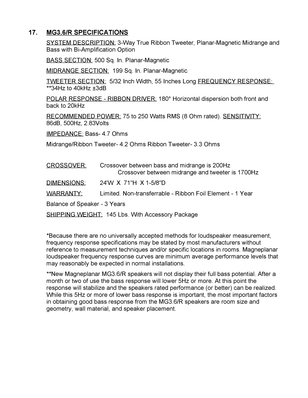 Magnepan manual 17. MG3.6/R Specifications, Crossover 