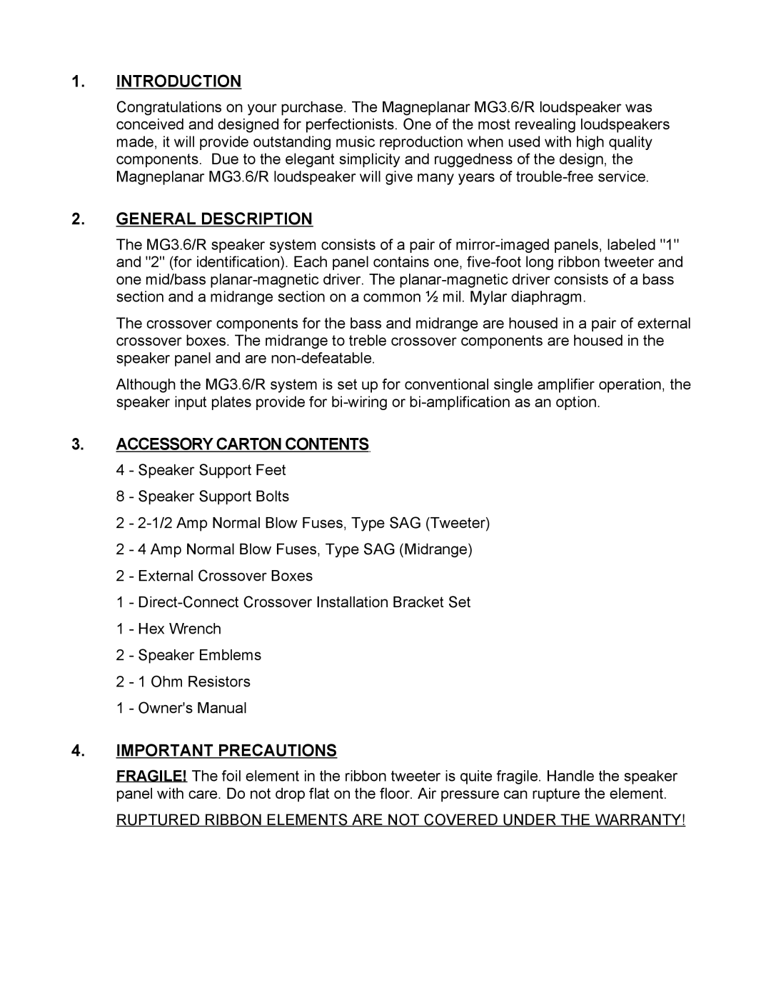 Magnepan MG3.6/R manual Introduction, General Description, Accessory Carton Contents, Important Precautions 