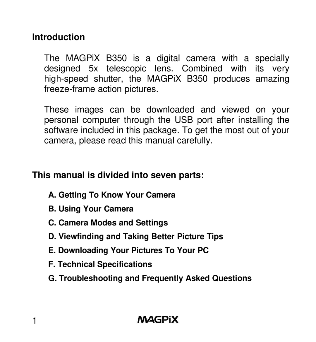 MAGPiX B350 manual Introduction, This manual is divided into seven parts 